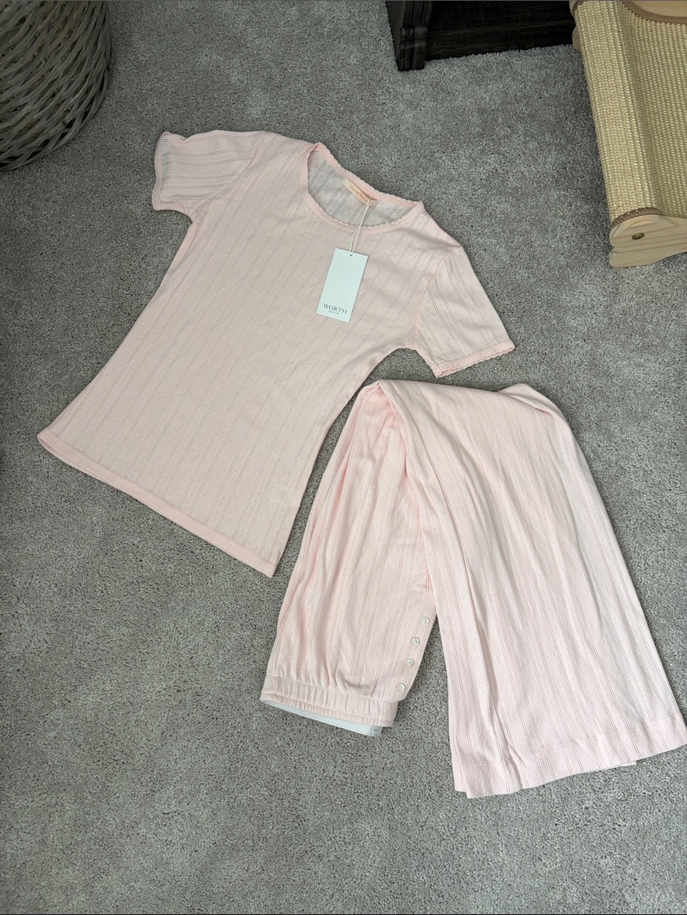 Olivaceous Pale Pink Ribbed Short Sleeve Top & Wide-Leg Pajama Pants Set